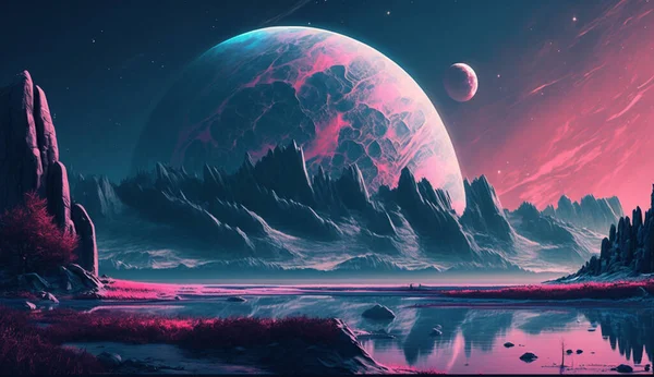 Discover a world beyond imagination - a pink alien planet with a huge moon in the distance. What secrets lie on this mysterious world