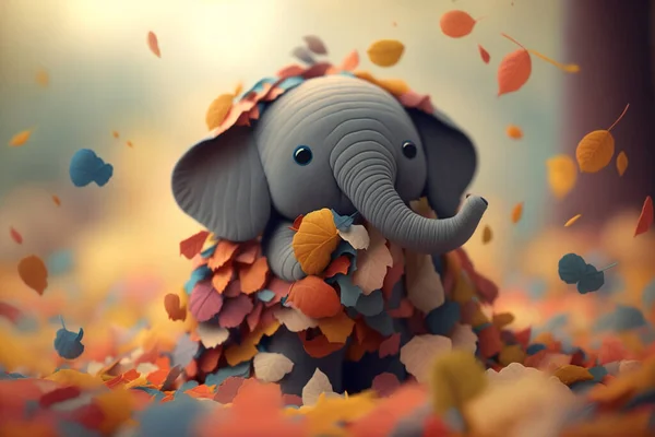 A cute little elephant is hiding in a pile of autumn leaves, enjoying the beautiful fall scenery