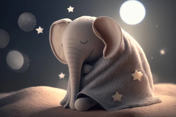 Cute little elephant takes a nap under a soft and warm blanket, dreaming sweet dreams