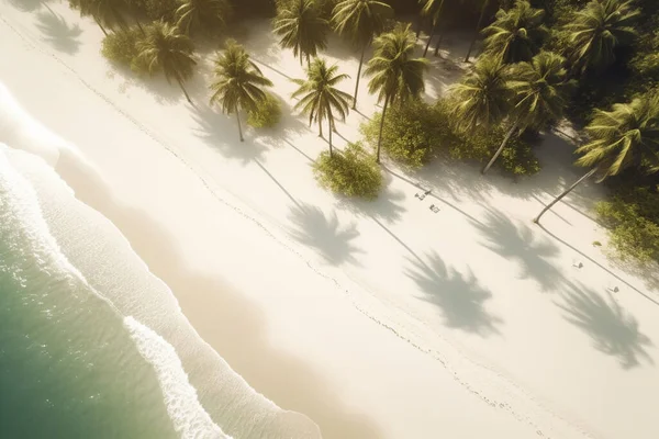 Enjoy a bird's eye view of a tropical paradise with white sandy beaches, palm trees and crystal clear waters.