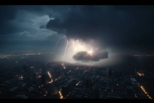 A dramatic aerial view of a city beneath dark, stormy skies with flashes of lightning illuminating the scene.