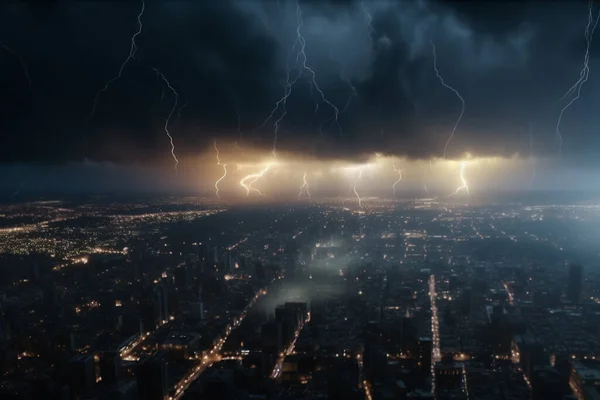A dramatic aerial view of a city beneath dark, stormy skies with flashes of lightning illuminating the scene.