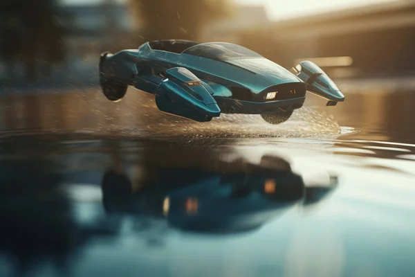 A concept illustration of a flying car using AI technology, soaring over the water with ease and grace.