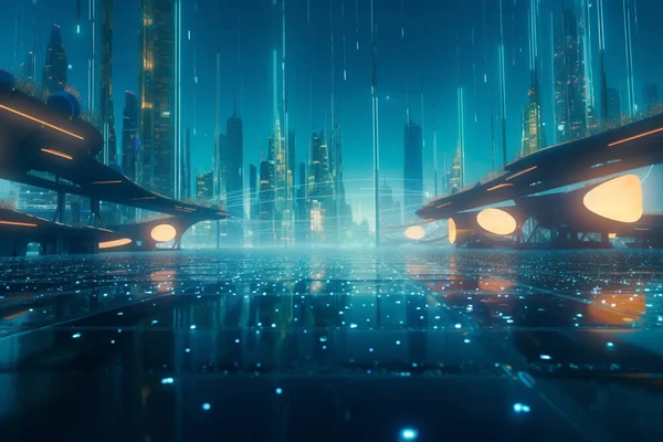 A conceptual image of a futuristic city built on water, with floating buildings and underwater routes connecting the cityscape.