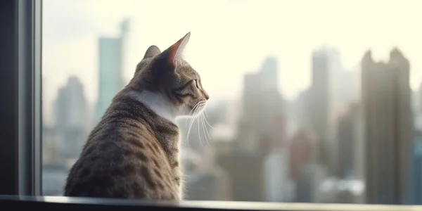 A cat sits at a window and looks out at the skyscrapers of a big city