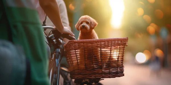 A small dog enjoying a ride through a busy city park on a bike basket