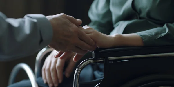 Intimate moment of comfort and support between patient and family member in a hospital setting, close-up shot of hands