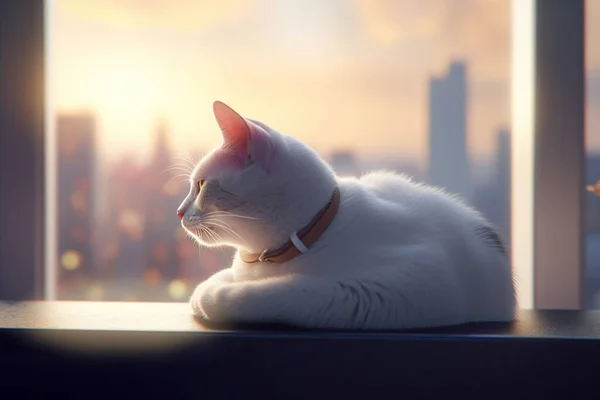 A cat sits at a window and looks out at the skyscrapers of a big city