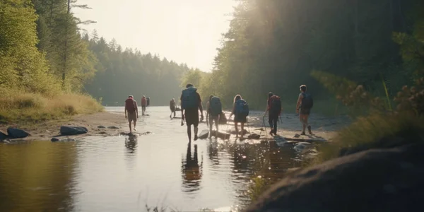 A group of outdoor enthusiasts are seen exploring the wilderness, hiking and camping by a river or lake, with backpacks and camping gear.