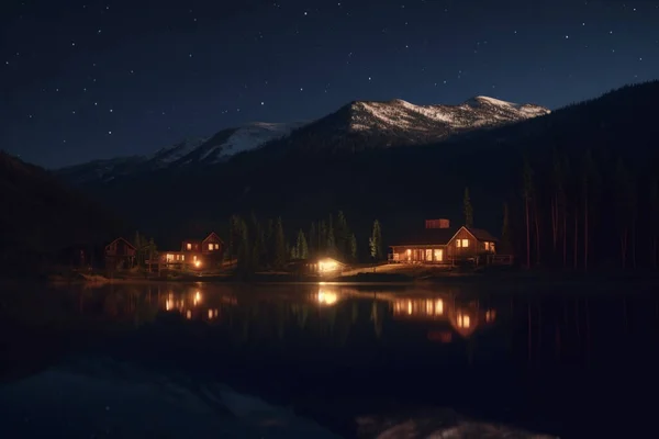A serene mountain lake reflects the shimmering lights of a charming village at the horizon, set against the majestic mountains and starry night sky.