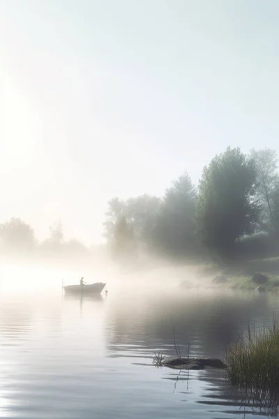 A peaceful scene of tranquility as a solitary rowboat sits on a misty lake, undisturbed by human presence.
