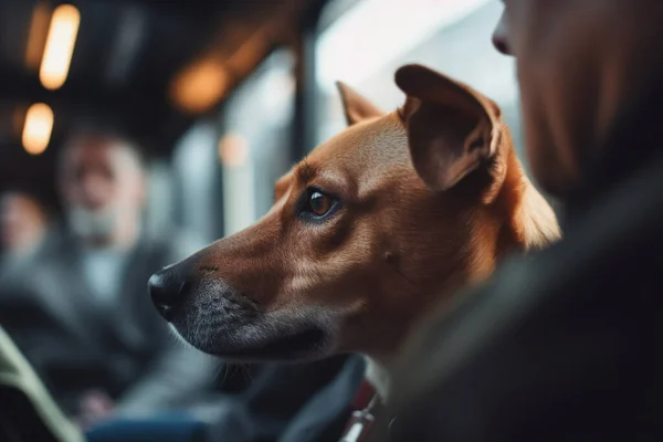 A dog calmly sits among a crowd of people in a streetcar, resting on his owner\'s lap