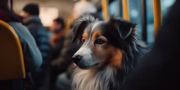 A dog calmly sits among a crowd of people in a streetcar, resting on his owner's lap