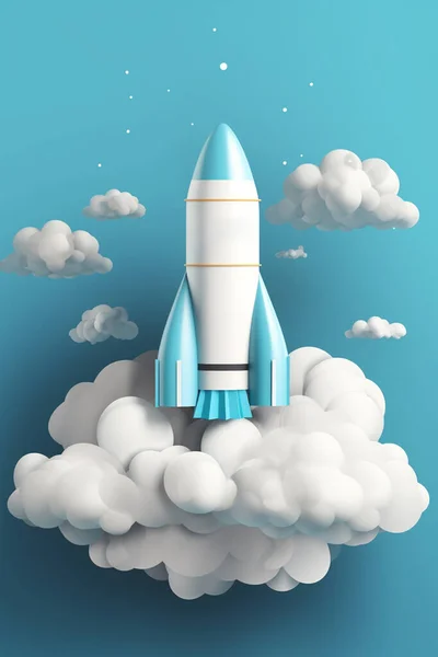 3D rendering of a white rocket model flying through cloudy blue skies as a symbol of startup success and innovation.