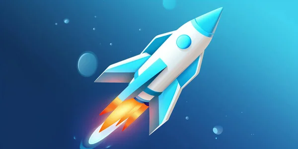 A symbolic 3D rendering of a white rocket model against a blue background for startup concepts.
