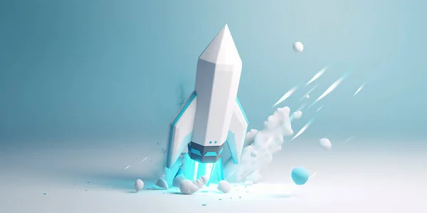 A symbolic 3D rendering of a white rocket model against a blue background for startup concepts.