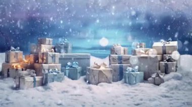 Güzel paketlenmiş Noel hediyeleri. Kar taneleriyle dolu sakin bir kış manzarasına yerleştirilmiş.