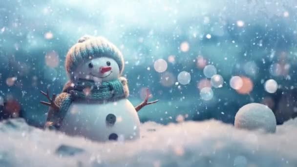 Okouzlující Sněhulák Slavnostní Zimní Říši Divů Sněhovými Vločkami — Stock video