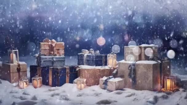Belamente Embrulhado Presentes Natal Aninhado Uma Paisagem Serena Inverno Com — Vídeo de Stock