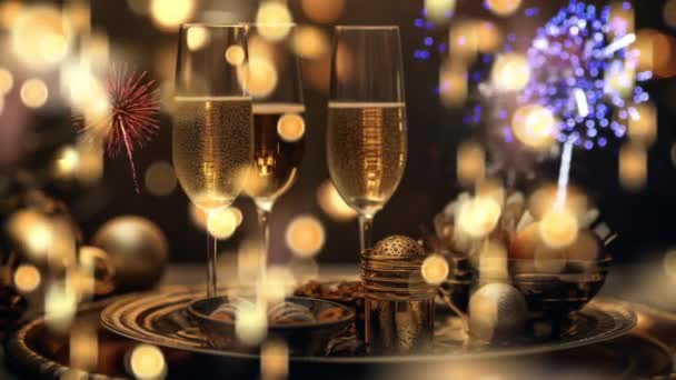 Animação Celebração Ano Novo Com Champanhe Espumante Fogos Artifício — Vídeo de Stock