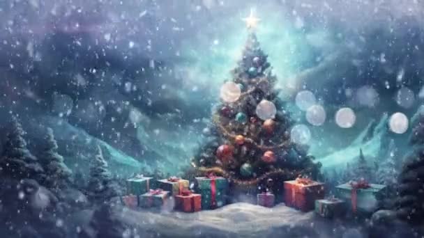 Árbol Navidad Con Adornos Brillantes Regalos Bellamente Envueltos — Vídeo de stock