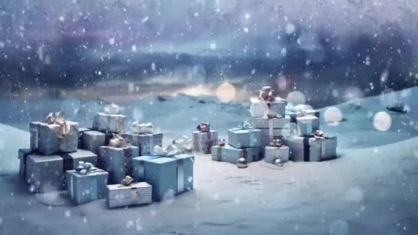 Krásně Zabalené Vánoční Dárky Uhnízděné Klidné Zimní Krajině Sněhovými Vločkami — Stock video