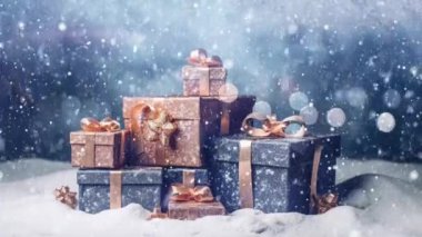 Güzel paketlenmiş Noel hediyeleri. Kar taneleriyle dolu sakin bir kış manzarasına yerleştirilmiş.