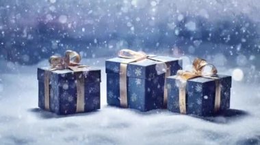 Güzel paketlenmiş Noel hediyeleri. Kar taneleriyle dolu sakin bir kış manzarasına yerleştirilmiş.