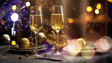 Parlak şampanya ve havai fişeklerle Yeni Yıl Animasyonu
