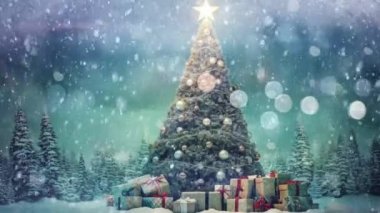 Parlak süslemeleri ve güzel paketlenmiş hediyeleriyle Noel ağacı.