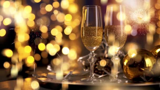 Nyårsfirande Animation Med Mousserande Champagne Och Fyrverkerier — Stockvideo