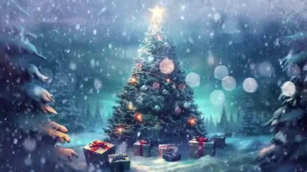 빛나는 장식과 아름답게 감싸인 선물이있는 크리스마스 — 비디오