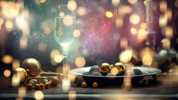 除夕夜庆祝动画与闪耀的香槟和烟火 — 图库视频影像
