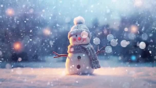 Uroczy Bałwan Uroczystej Zimowej Krainie Czarów Płatkami Śniegu — Wideo stockowe