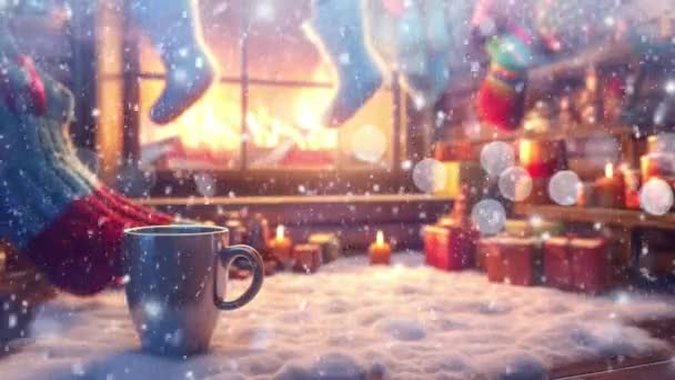 Aconchegante Animação Sala Natal Flocos Neve Caindo — Vídeo de Stock