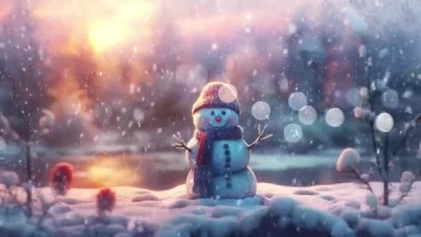 Чарівний Сніговик Святковій Зимовій Країні Чудес Сніжинками — стокове відео