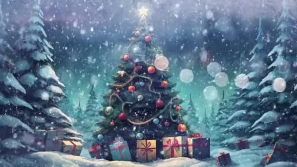 Рождественская Елка Блестящими Орнаментами Красиво Обернутыми Подарками — стоковое видео