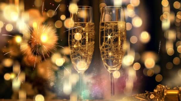 Nyårsfirande Animation Med Mousserande Champagne Och Fyrverkerier — Stockvideo