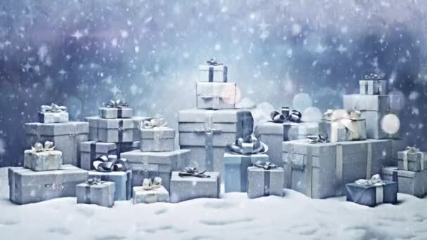 Cadeaux Noël Magnifiquement Enveloppés Nichés Dans Paysage Hivernal Serein Avec — Video