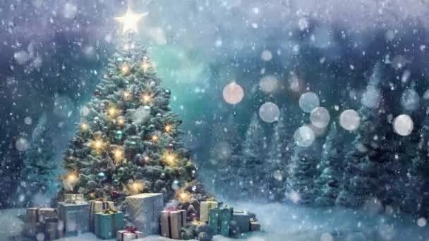 Різдвяна Ялинка Сяючими Прикрасами Красиво Загорнуті Подарунки — стокове відео