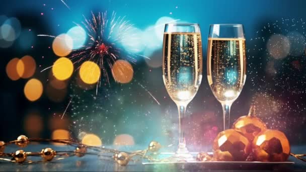 Festa Capodanno Animazione Con Champagne Frizzante Fuochi Artificio — Video Stock