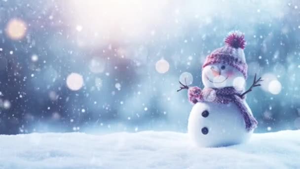 Γοητευτικός Χιονάνθρωπος Μια Εορταστική Χώρα Θαυμάτων Χειμώνα Νιφάδες Χιονιού — Αρχείο Βίντεο