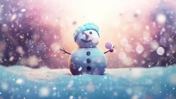 Очаровательный Снеговик Праздничной Зимней Стране Чудес Снежинками — стоковое видео