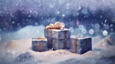 Güzel paketlenmiş Noel hediyeleri. Kar taneleriyle dolu sakin bir kış manzarasına yerleştirilmiş.