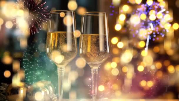 Festa Capodanno Animazione Con Champagne Frizzante Fuochi Artificio — Video Stock