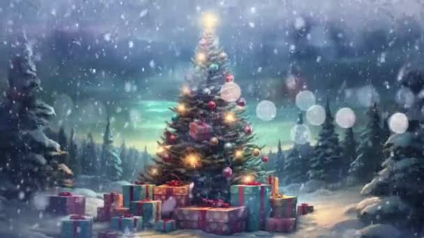 Julgran Med Glittrande Ornament Och Vackert Inslagna Presenter — Stockvideo