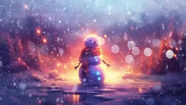 Очаровательный Снеговик Праздничной Зимней Стране Чудес Снежинками — стоковое видео