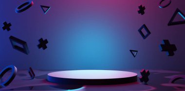 Esports Scifi oyun siberpunk, vr sanal gerçeklik simülasyonu ve metaevren soyut arka plan video oyunu, sahne kaidesi sahnesi, 3D illüstrasyon canlandırma, fütürist neon ışığı odası