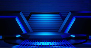 Esports Scifi oyun siberpunk, vr sanal gerçeklik simülasyonu ve metaevren soyut arka plan video oyunu, sahne kaidesi sahnesi, 3D illüstrasyon canlandırma, fütürist neon ışığı odası