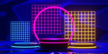 Esports Scifi oyun siberpunk, vr sanal gerçeklik simülasyonu ve metaevren soyut arka plan video oyunu, sahne kaidesi sahnesi, 3D illüstrasyon canlandırma, fütürist neon ışığı odası